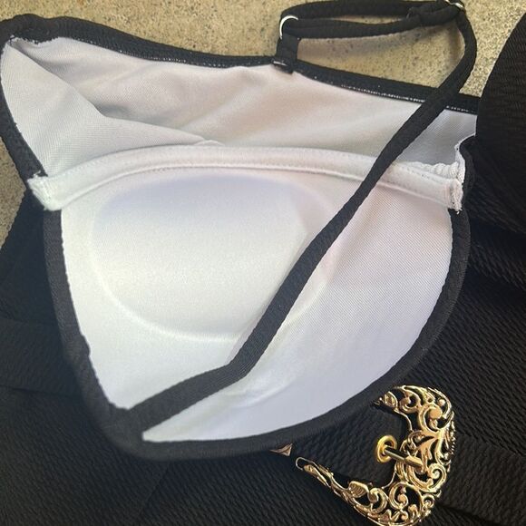 Vintage Black One Piece Gold Buckle Push Up Swim Suit - Picture 4 of 5